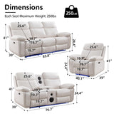 Power Recliner Sofa Set of 3 Piece with Bass Speakers for Living Room,Faux Leather Electric Zero Gravity 3 Seater Reclining Couch with Wireless Charger and Loveseat Theater Chair with LED Lights,White Comfort Stretch