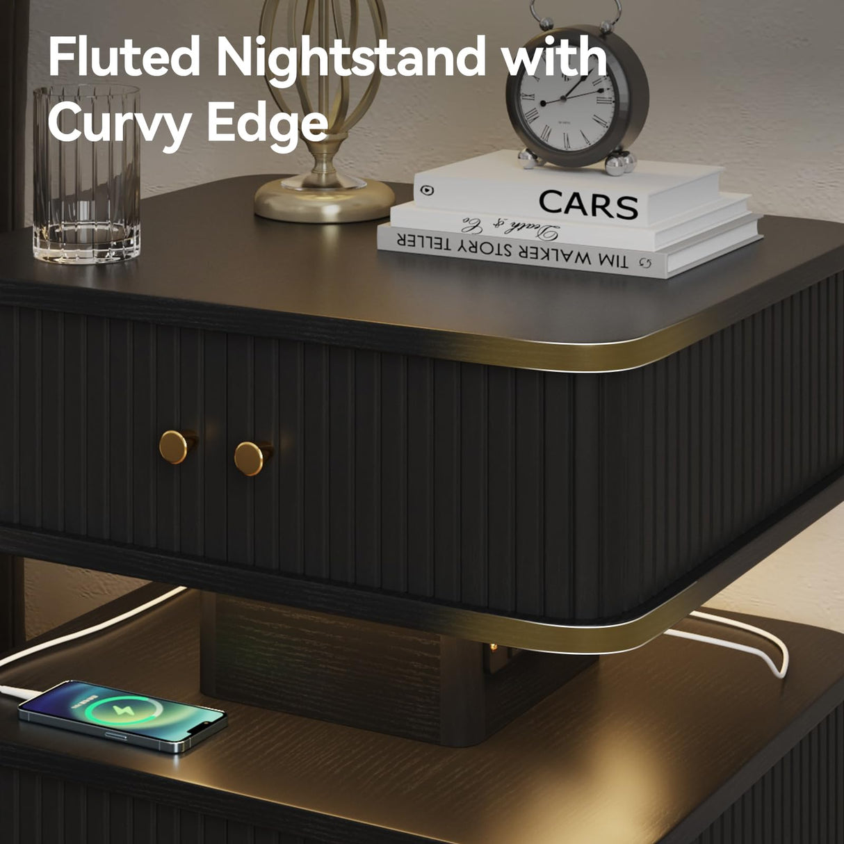 Night Stand, LED Nightstand, Bedroom Night Stand with Charging Station, 2 Drawer Nightstand, Modern Nightstands with Curvy Edge and Sliding Door, Small Bedside Table for Bedroom, Black AKMAKM