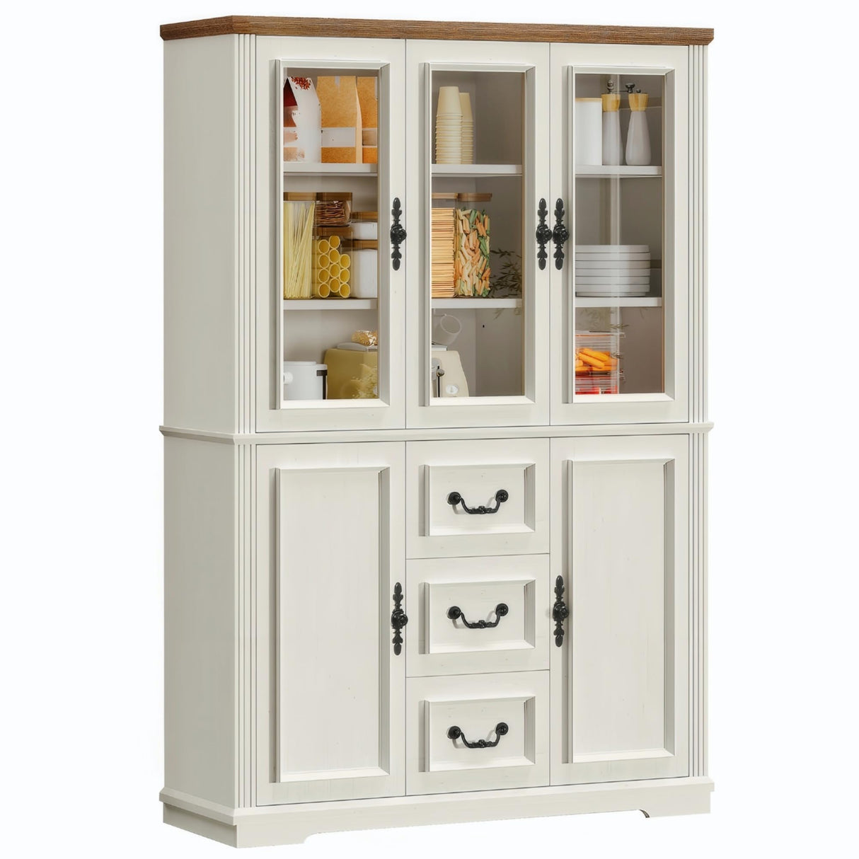 YITAHOME 71" H x 47" W Kitchen Pantry with 3 Drawers, Large Storage Cabinet with 3 Glass Doors & Adjustable Shelves, Freestanding Tall Display China Cabinet for Living & Dining Room, White YITAHOME