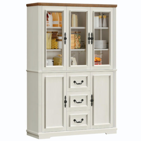 YITAHOME 71" H x 47" W Kitchen Pantry with 3 Drawers, Large Storage Cabinet with 3 Glass Doors & Adjustable Shelves, Freestanding Tall Display China Cabinet for Living & Dining Room, White YITAHOME