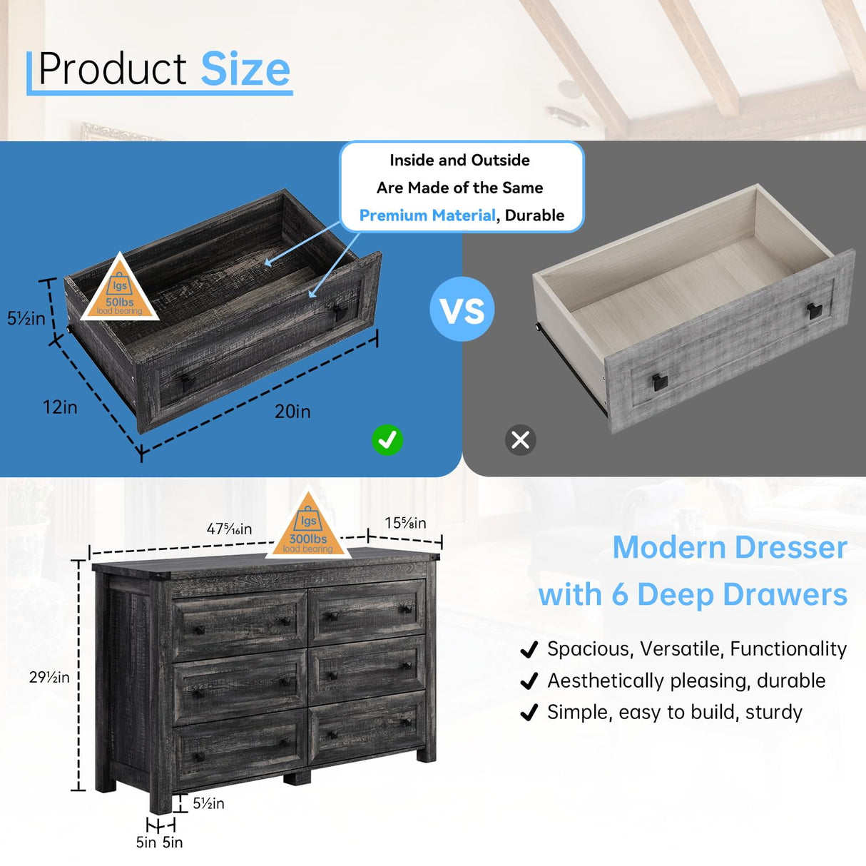 HUANLEGO Grey Dresser for Bedroom with 6 Drawers, Farmhouse Wood Dressers Bedroom Furniture 6 Chest of Drawers, Rustic Wide Storage Drawers Dressers Organizer for Closet, Living Room, Hallway HUANLEGO