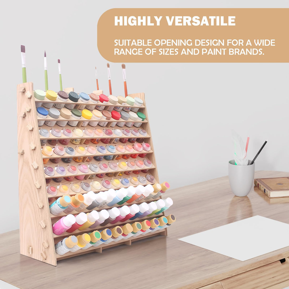 ARFETIGO Extra Large Wooden 9-Tiers 99 Bottles' Capacity Wooden Paint Organizer & Paint Brush Rack for Acrylic OIL Craft Hobby Mini Model Painting Organizer for Artists (Vertical) ARFETIGO