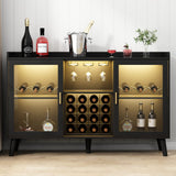 GYFIMOIE Modern Wine & Cocktail Cabinet with LED Light, Home Bar w Wine Rack and Glass Holder, Kitchen Buffet with Storage, Freestanding Liquor Cabinet (Black) Gyfimoie