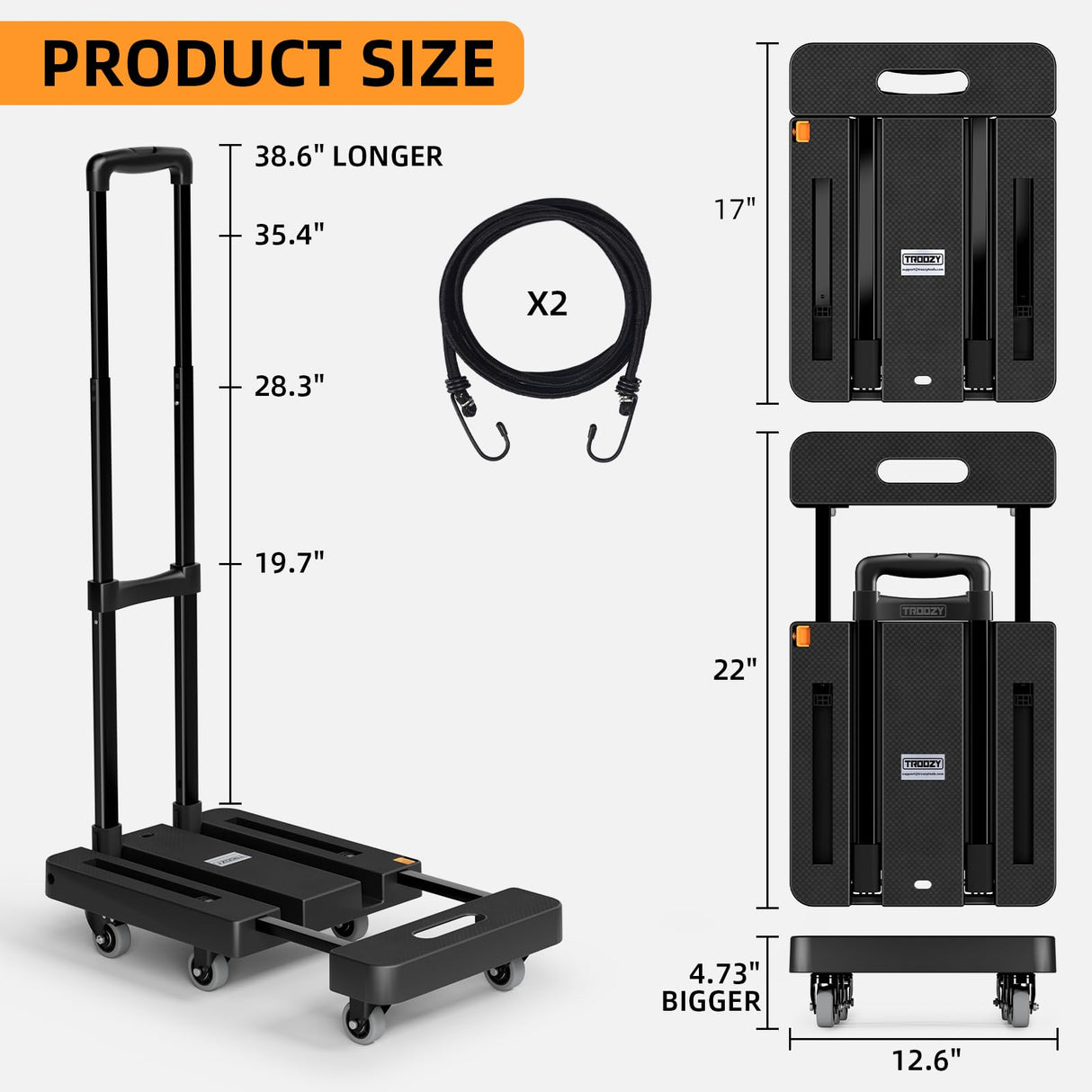 Folding Hand Truck, 500 LB Heavy Duty Luggage Cart, Utility Dolly Platform Cart with 6 Wheels & 2 Elastic Ropes for Luggage, Travel, Moving, Shopping, Office Use, Black TROOZY