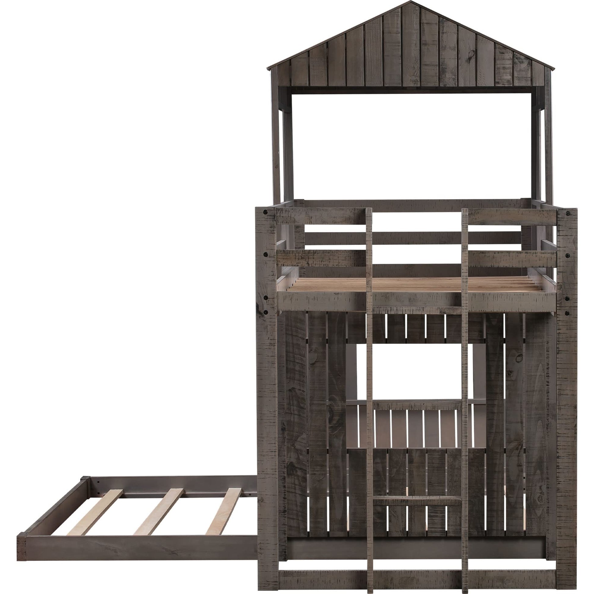 Okak House Antique Grey Twin Over Full Bunk Bed with Ladder and Safety Guardrails - WoodArtSupply