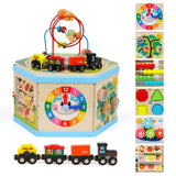 Wooden Activity Cube 9-in-1 Montessori Toys for 1+ Year Old Boys Girls Educational Learning Toys for Toddlers Age 1-2 One Year Old First Birthday Gift Bead Maze Magnetic Trains Track Shape Sorter FOPNETS