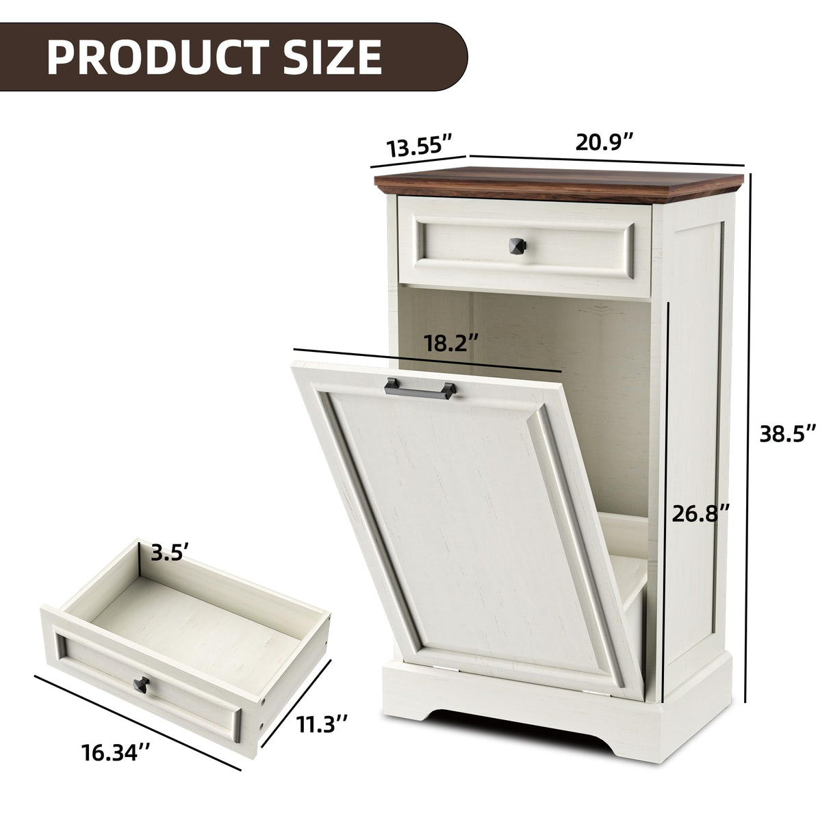 Spurgehom 13 Gallons Tilt Out Trash Cabinet Free Standing Kitchen Trash Garbage Bin Recycling Trash Cabinets with Hideaway Drawer Pet Proof Trash Can Holder for Kitchen, Antique White and Brown Spurgehom