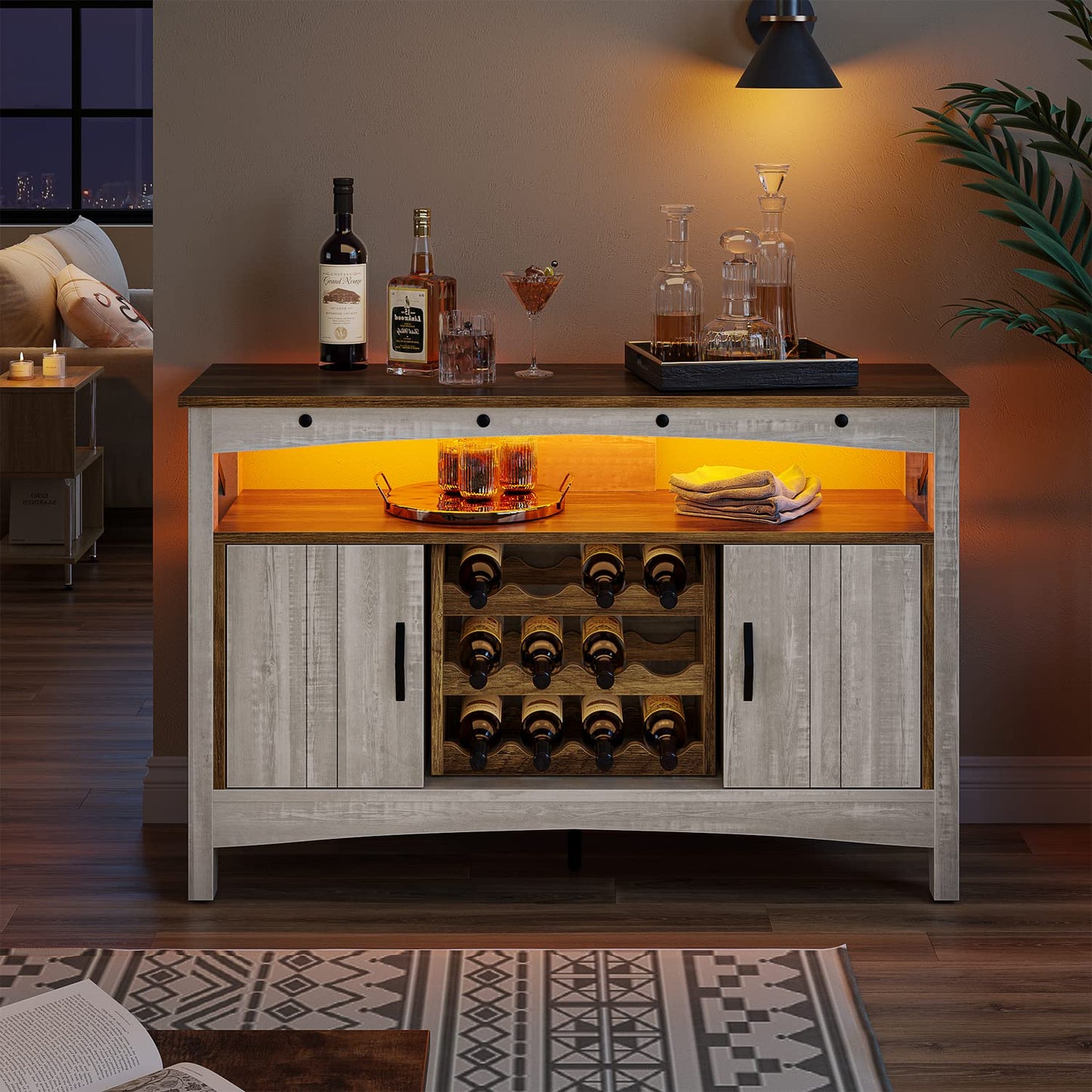 Bestier Wine Bar Cabinet with Wine Rack, Farmhouse Coffee Bar Sideboard with LED Lights, Industrial Sideboard Buffet Cabinet with Storage, White - WoodArtSupply