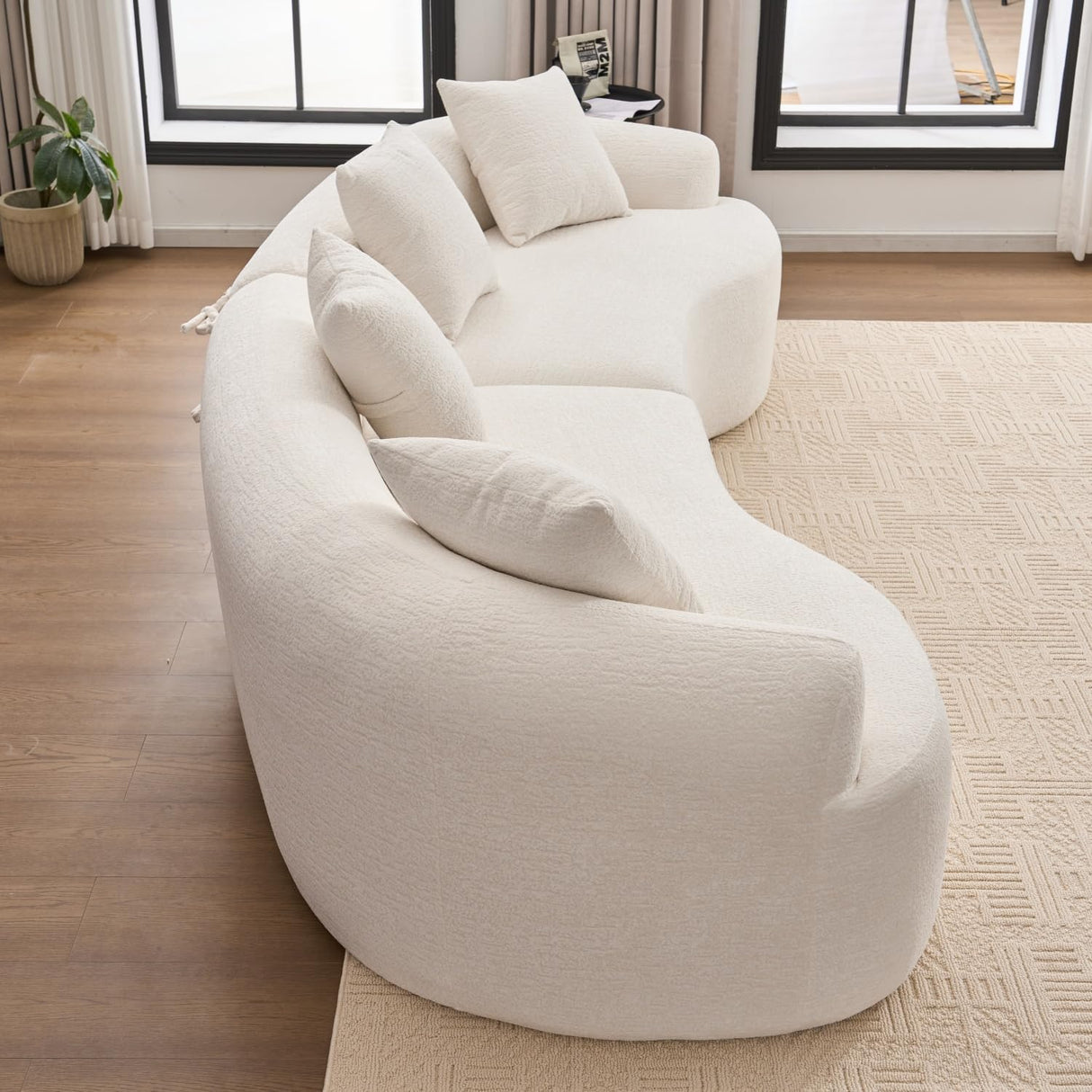 Hnvzldn 110" Curved Sectional Sofa with 4 Seater,Curved Sofa for Living Room,Modern Sectional Couch Boneless Sofa,Wood Grain Chenille Fabric, No Installation Requirement (White,110") Hnvzldn