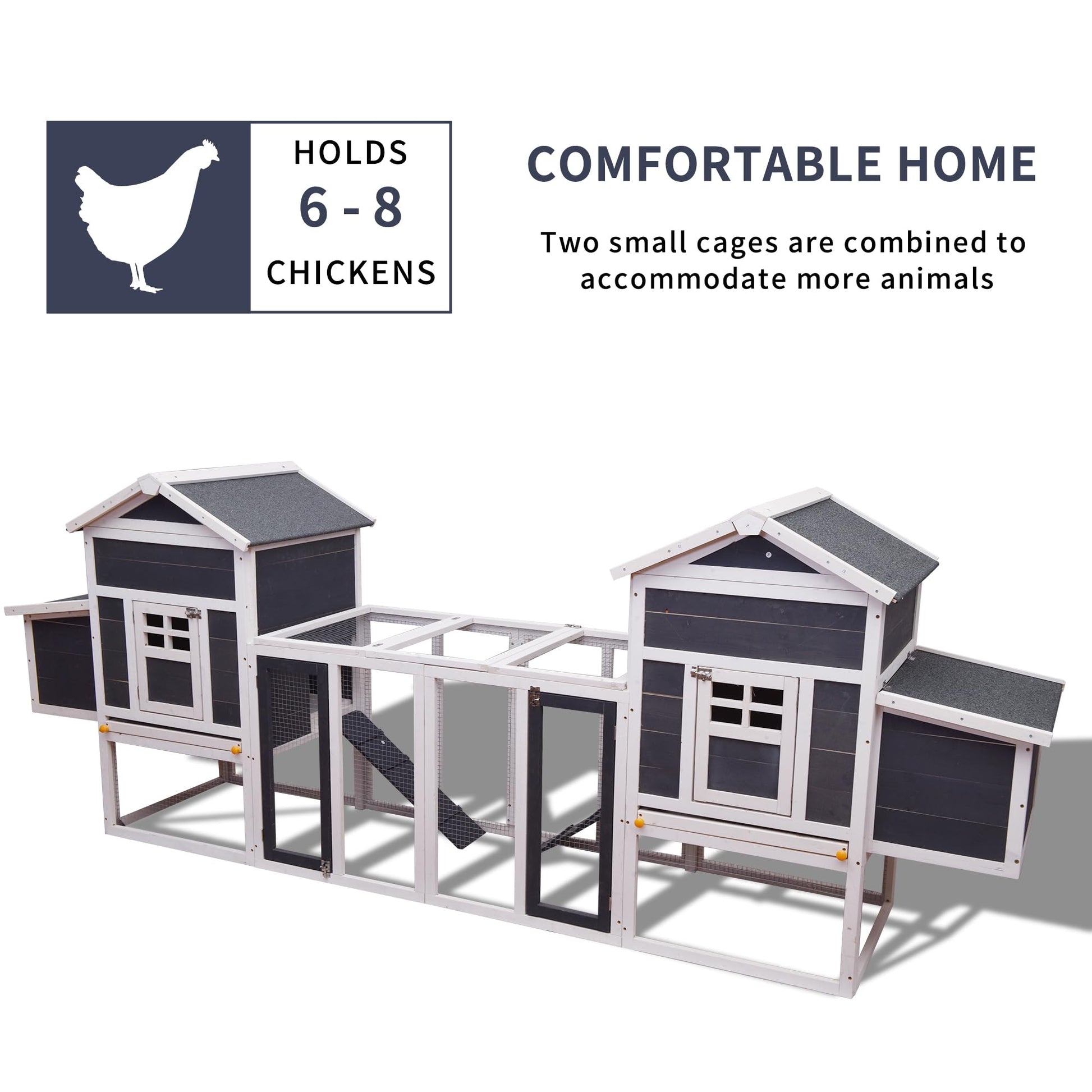 Fuhomtre Outdoor Wooden Chicken Coop with Ventilation Door Removable Tray Solid Wood Pet House Chicken Nesting Box for 6-8 Hens (124 x 27 x 46 in) White+Gray - WoodArtSupply