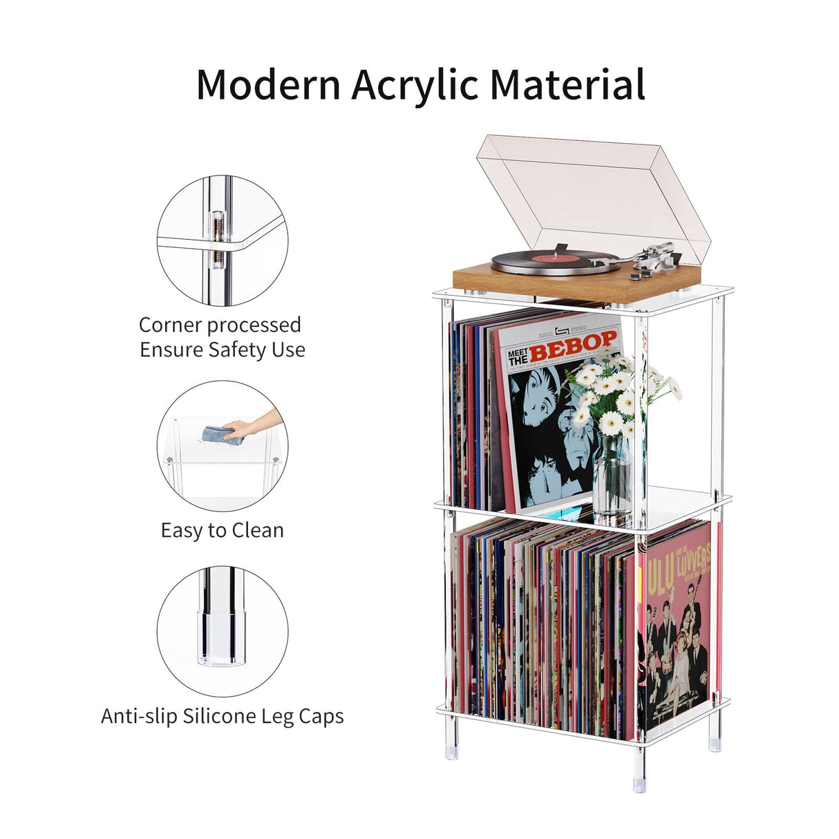 Bkemiy Acrylic Record Player Stand, 3-Tier Clear Turntable Table with Vinyl Record Storage, 15.74" L x 11.81" W x 30.7" H, Tall Modern Side Table/End Table for Living Room, Bedroom JJ00041 Bkemiy