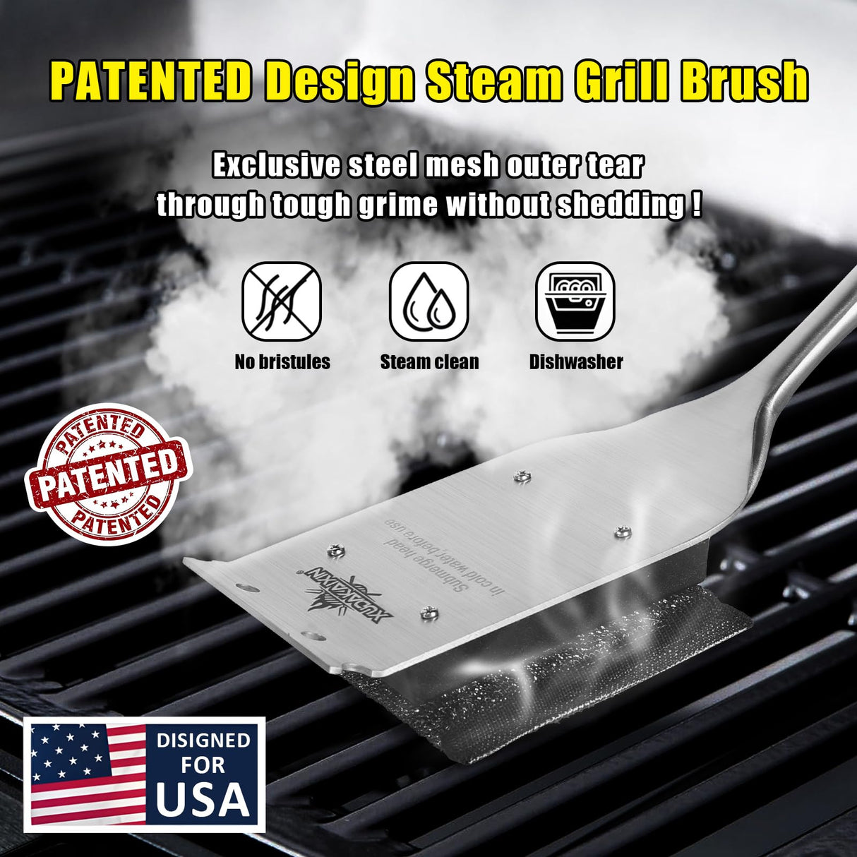 XUDAKAIXIN 18” Extra Strong Steel Fibers Steam Grill Brush-Bristle Free,Water-Activated Design Perfect for Any Grill - with Strong Stainless Steel Wooden Handle,Safe Grill Brush for Outdoor Grill XUDAKAIXIN