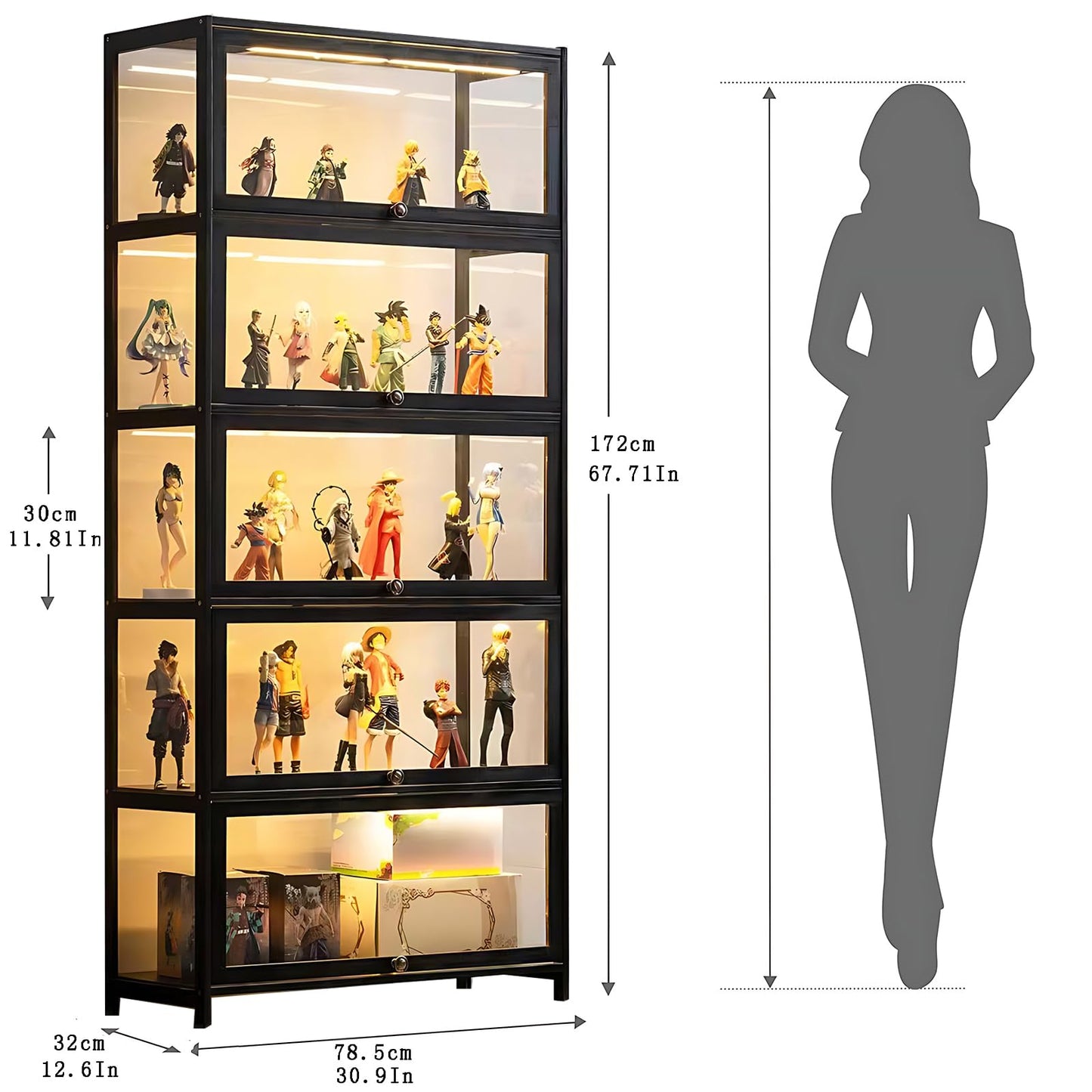 ouioyggk Curio Display Cabinet, 5-Tier Storage Shelves with Acrylic Glass Door, Collectibles Toy Organizers Rack & Display Shelf, Kids Bookshelf and Bookcase for Playroom, Bedroom