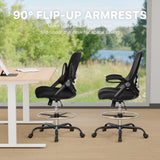HYLONE Drafting Chair Tall Office Chair High-Back Mesh Standing Desk Stool with Adjustable Footrest Ring and Flip-Up Arms (Black) HYLONE