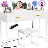 Girapow Vanity Desk with Power Outlets and Lights, 36'' Makeup Vanity with Tri Fold Lighted Mirror, White Vanity Set with Drawers, Vanity Table with Cushion Stool, Small Makeup Table for Bedroom,White Girapow