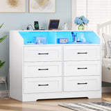 Hasuit White Dresser for Bedroom with LED Lights and Charging Station, Modern Wood 6 Drawers Storage Tower Clothes Organizer, Large Capacity Chest of Drawers Storage Cabinet for Bedroom, Living Room Hasuit