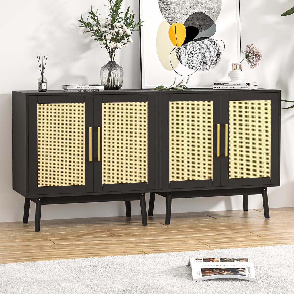 LYNSOM Buffet Cabinet with Storage, Sideboard Buffet Storage Cabinet with Rattan Decorated Doors, Set of 2 Accent Cabinet with Solid Wood Feet for Living Room, Entry, Hallway, Black LYNSOM