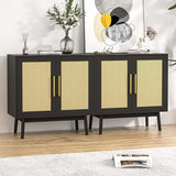 LYNSOM Buffet Cabinet with Storage, Sideboard Buffet Storage Cabinet with Rattan Decorated Doors, Set of 2 Accent Cabinet with Solid Wood Feet for Living Room, Entry, Hallway, Black LYNSOM