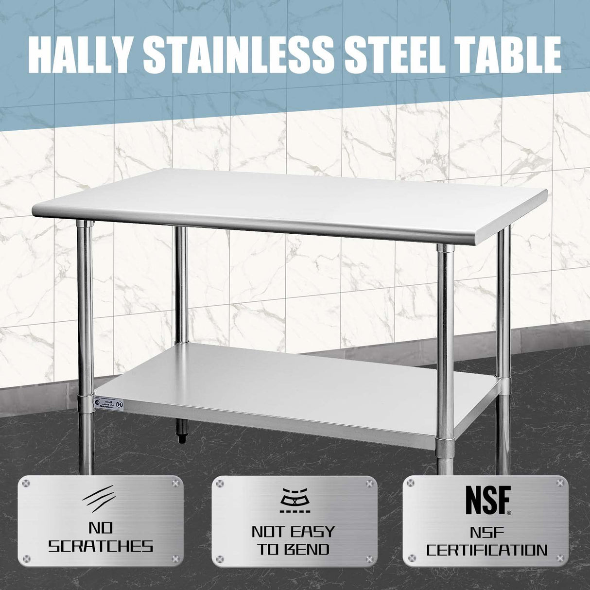 Hally Stainless Steel Table for Prep & Work 30 x 48 Inches, NSF Commercial Heavy Duty Table with Undershelf and Galvanized Legs for Restaurant, Home and Hotel HALLY SINKS & TABLES H