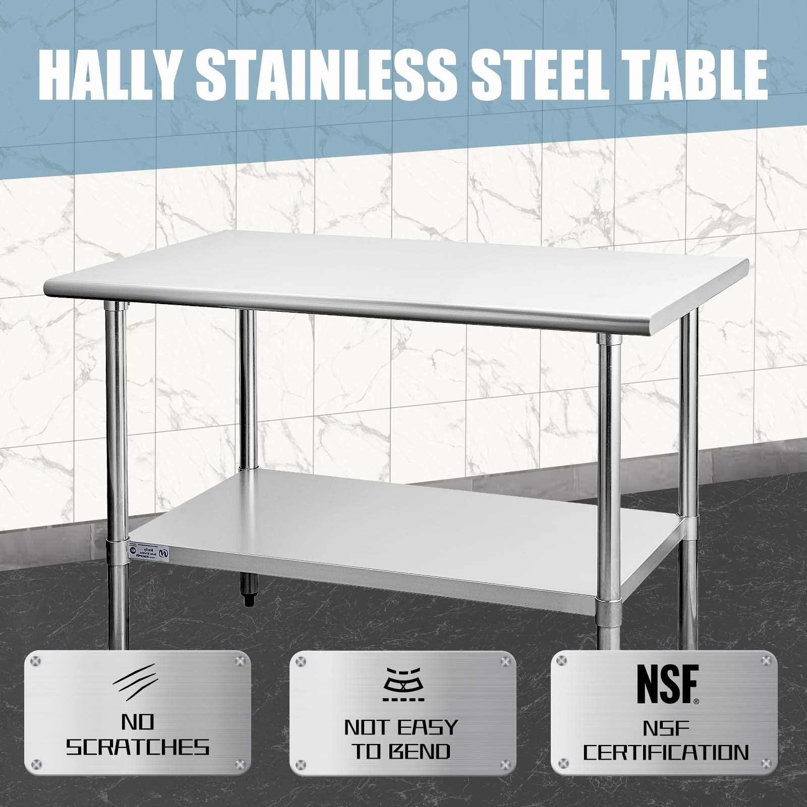 Hally Stainless Steel Table for Prep & Work 30 x 48 Inches, NSF Commercial Heavy Duty Table with Undershelf and Galvanized Legs for Restaurant, Home and Hotel - WoodArtSupply