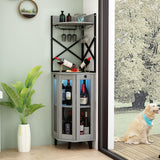 COCO DESIGN Corner Wine Cabinet with Locking Door, Lockable Liquor Bar Cabinet with Light, Whiskey Bar with Glass Door Storage for Home Kitchen, Farmhouse, 2 Glass Holders & 2 Wine Holders, Gray COCO DESIGN