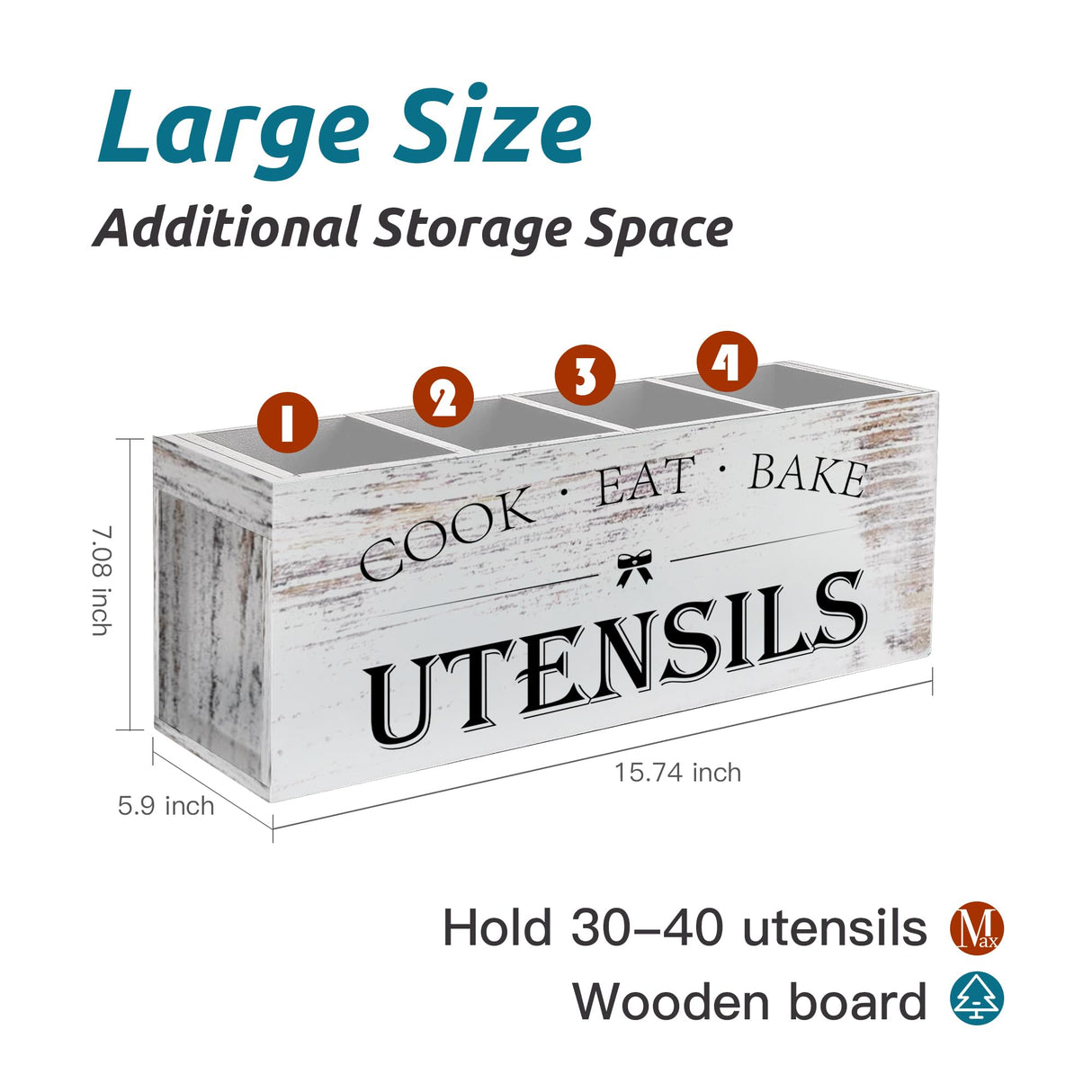 Suli Extra Large Kitchen Utensils Holder with 4 Compartments, Wooden Utensil Organizer for Kitchen Countertop, Farmhouse Kitchen Decor, Rustic Cooking Utensil - White grain Suli