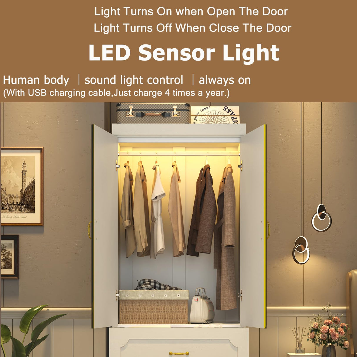 75" Tall 2 Doors Armoire Wardrobe Closet with Mirrors and LED Lights,Freestanding White Wardrobe Armoire for Bedroom with Drawers and Hanging Rod,Modern Armoire Storage Cabinet(2 Doors with Mirrors) jiteentarou