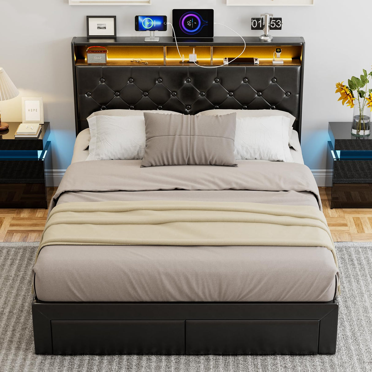 IKIFLY Queen Bed Frame with 4 Drawers, Storage Headboard, LED Lights & Charging Station in Black IKIFLY