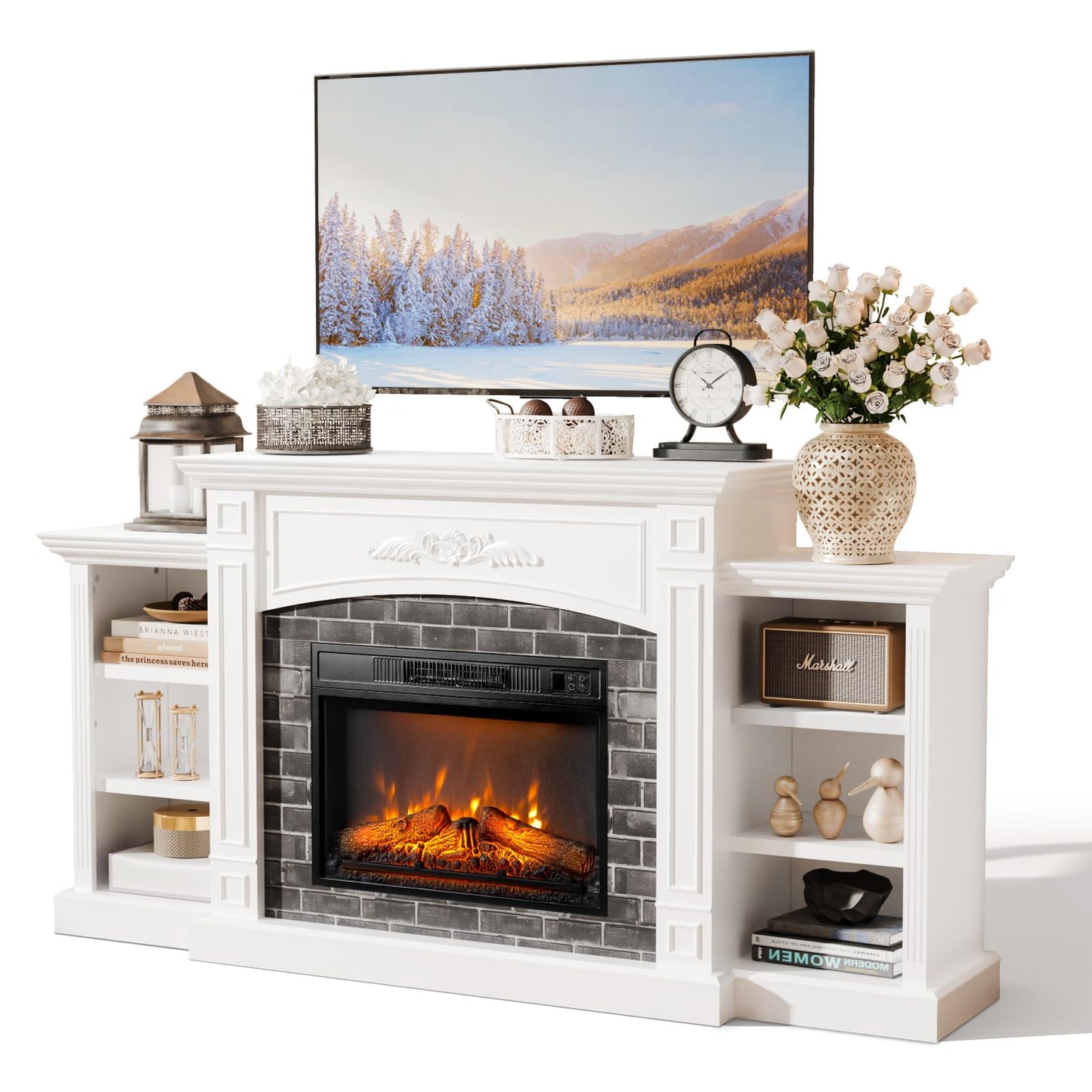 VINGLI 70'' Electric Fireplace with Mantel, Fireplace TV Stand for TVs Up to 90'', Media Entertainment Center Console Table with Storage ＆ Adjustable Shelves for Living Room and Bedroom, Shined White