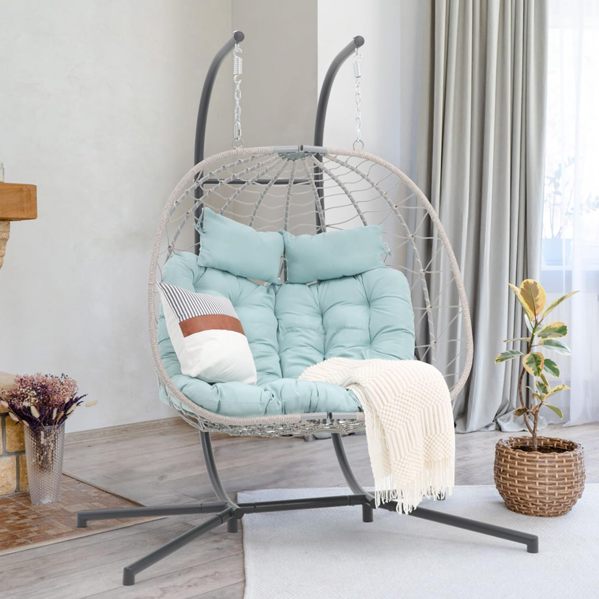 Patiorama 2 Person Double Egg Swing Chair with Stand Indoor Outdoor, Patio Wicker Rattan Hanging Egg Chair w/Cushion, Pillow, Foldable Hammock Chair 550lbs for Bedroom, Balcony, Garden (Light Blue) Patiorama