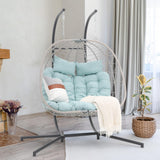 Patiorama 2 Person Double Egg Swing Chair with Stand Indoor Outdoor, Patio Wicker Rattan Hanging Egg Chair w/Cushion, Pillow, Foldable Hammock Chair 550lbs for Bedroom, Balcony, Garden (Light Blue) Patiorama