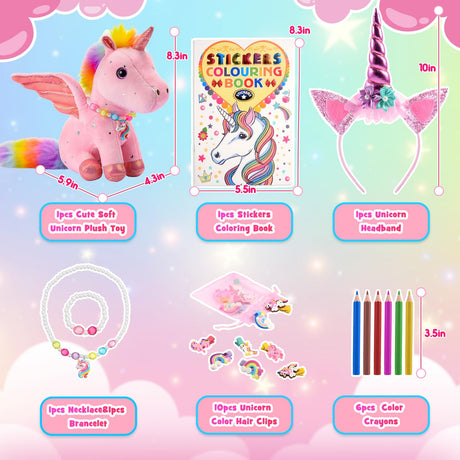 22-Piece Unicorn Gift Set for Girls Ages 3-8 | Pink Stuffed Animal Plush Toy with Jewelry Kit, DIY Coloring Book & Hair Accessories | Birthday Party Favors for Kids Toddler Girls Toys Toyze