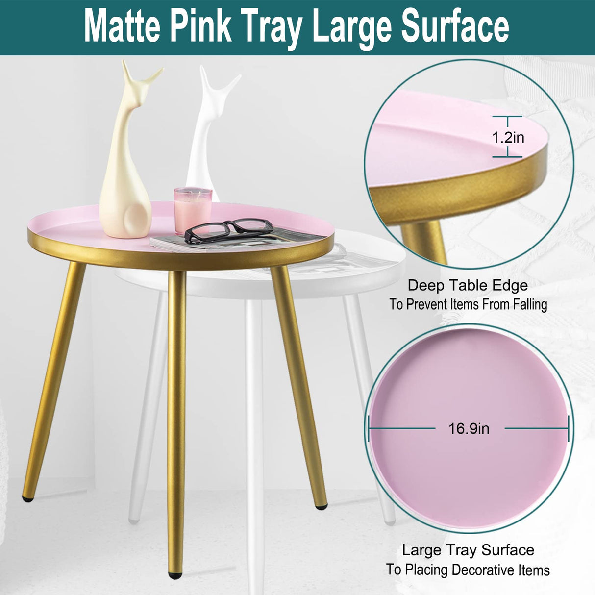 AOJEZOR Night Stands,Small Nightstand Bed Side Table for Kids Room,End Tables Round Nightstand for Bedroom,Pink Metal Tray End Table with Gold Legs Base AOJEZOR