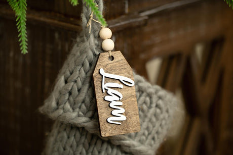 Personalized Christmas Stocking Tags Christmas Farmhouse Decor Custom Name Tag Wooden Tags Hang Tags with String Attached Christmas Name Tags Wood (Stained Wood Back) Harp and Timbrel