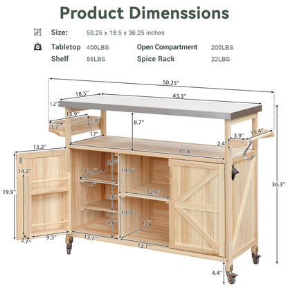 BestLM Outdoor Kitchen Island, Rolling Bar Cart with Storage Cabinet, Farmhouse Solid Wood Outdoor Grill Table with Stainless Steel Top, Spice Rack, Towel Rack for Kitchen & Barbecue, Natural