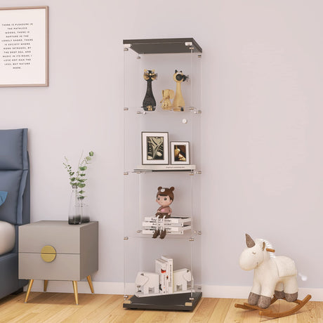 LFT HUIMEI2Y Glass Display Cabinet 4-Shelf with Door and Lock, Curio Cabinets Upgraded Quick-Install Style Tempered Glass Floor Standing Bookshelf for Bedroom, Living Room 65”x 17”x 14” Black LFT HUIMEI2Y