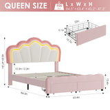 HOSTACK Queen Upholstered LED Bed Frame with Storage Drawers, Cute Girls Bed with Adjustable Lotus Headboard, Velvet Princess Platform Bed Frame, Wooden Slats Support, No Box Spring Needed, Pink/Beige HOSTACK