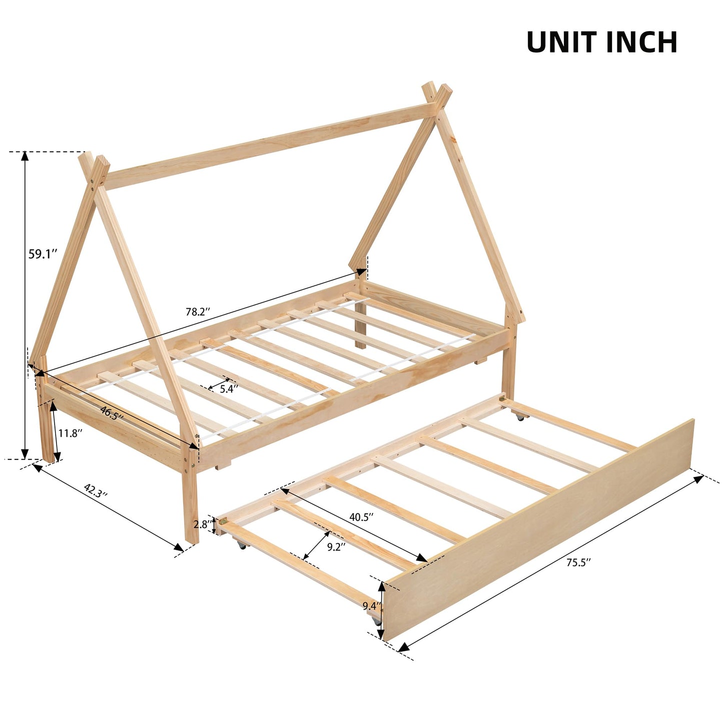 Harper & Bright Designs Twin Size Teepee Bed Frame with Trundle - Natural Wood Montessori Bed for Kids - WoodArtSupply