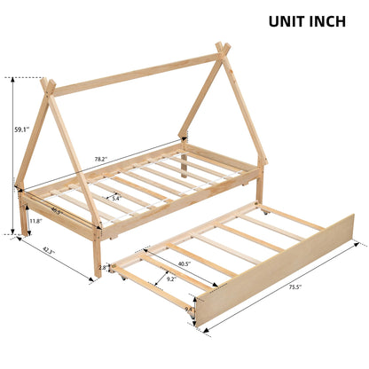 Harper & Bright Designs Twin Size Teepee Bed Frame with Trundle - Natural Wood Montessori Bed for Kids - WoodArtSupply