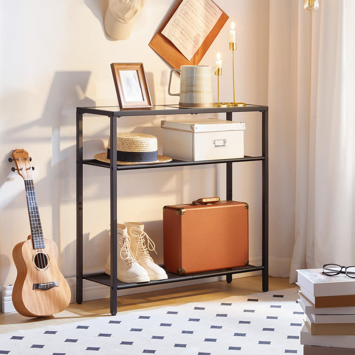 HOOBRO 29.5" Narrow Console Table, 3-Tier Tempered Glass Sofa Table, Small Side Table, Modern Entryway Table, for Entrance, Living Room, Foyer, Hallway Bedroom, Black BK21XG01G1 HOOBRO