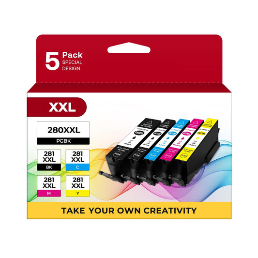 PGI-280 XXL/CLI-281 XXL Ink Cartridge 5 Color Value Pack Replacement for Canon 280 281 Ink Cartridges Compatible with Printer TR8520 TR8620 TR7520 TR8600 TS6120 TS6220 TS9120