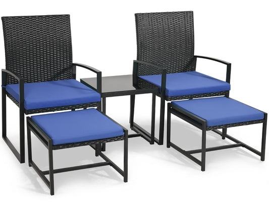 Murago 5 Pieces Wicker Patio Conversation Sets, Rattan Furniture Set with Coffee Table and 2 Ottomans, Ideal for Porch, Garden, Yard, Poolside, Black Rattan with Dark Blue Cushion - WoodArtSupply