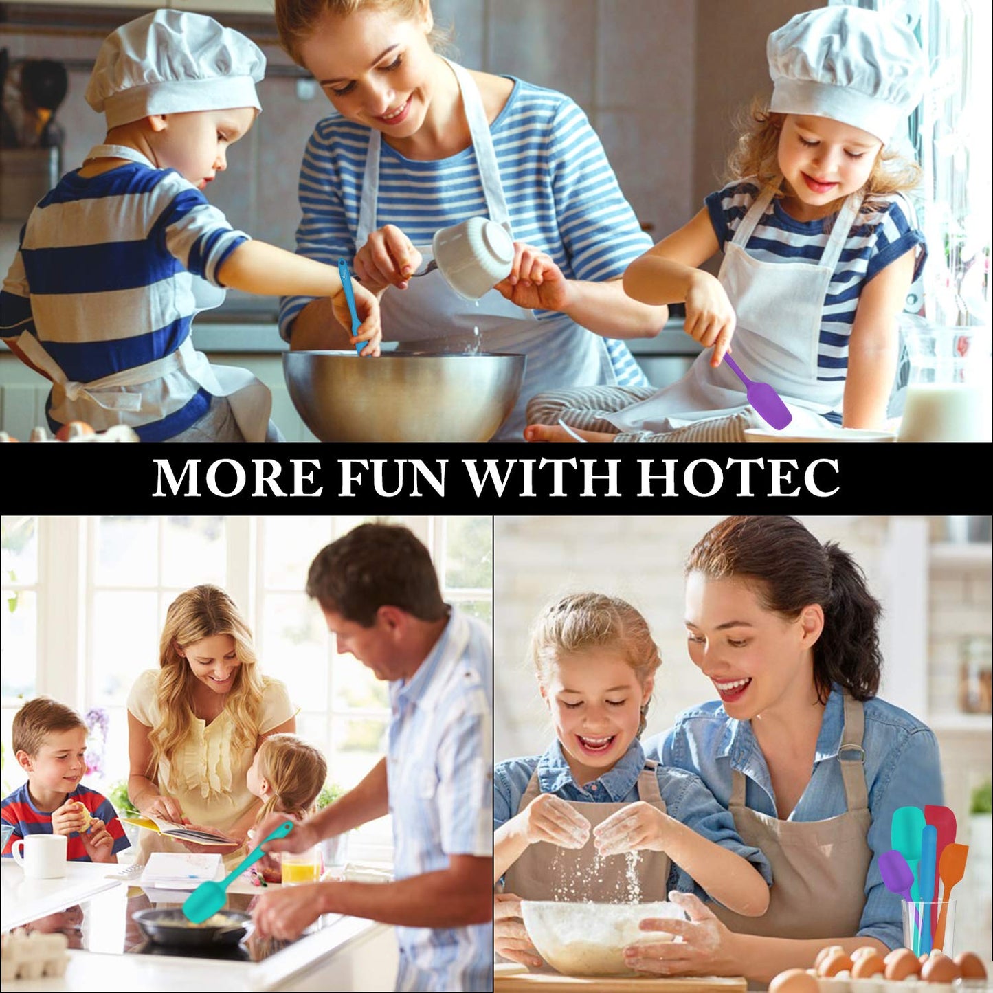 HOTEC Food Grade Silicone Rubber Spatula Set for Baking, Cooking, and Mixing High Heat Resistant Non Stick Dishwasher Safe BPA-Free Multicolor Set of 5