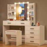 FIONESO Vanity Desk with Mirror & Lights, Makeup Vanity with 6 Drawers, 6 Open Shelves and Power Outlet, 48” Storage Makeup Vanity Desk with Stool Bench for Women, Girls, Bedroom, White FIONESO