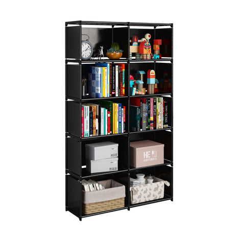 JIUYOTREE 6-Tiers Portable Bookshelf with Fabric Cloth at Back, 10 Cube Closet Storage Organizer Bookcase, Living Room,Study Room,Bedroom, Black JIUYOTREE