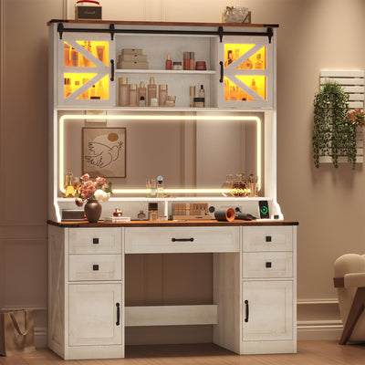75.2" Farmhouse Makeup Vanity Desk with Large Lighted Mirror and Sliding RGB Cabinets, Large Vanity Table with Charging Station & 5 Drawers & Barn Doors, Tall Makeup Desk with Storage Shelves