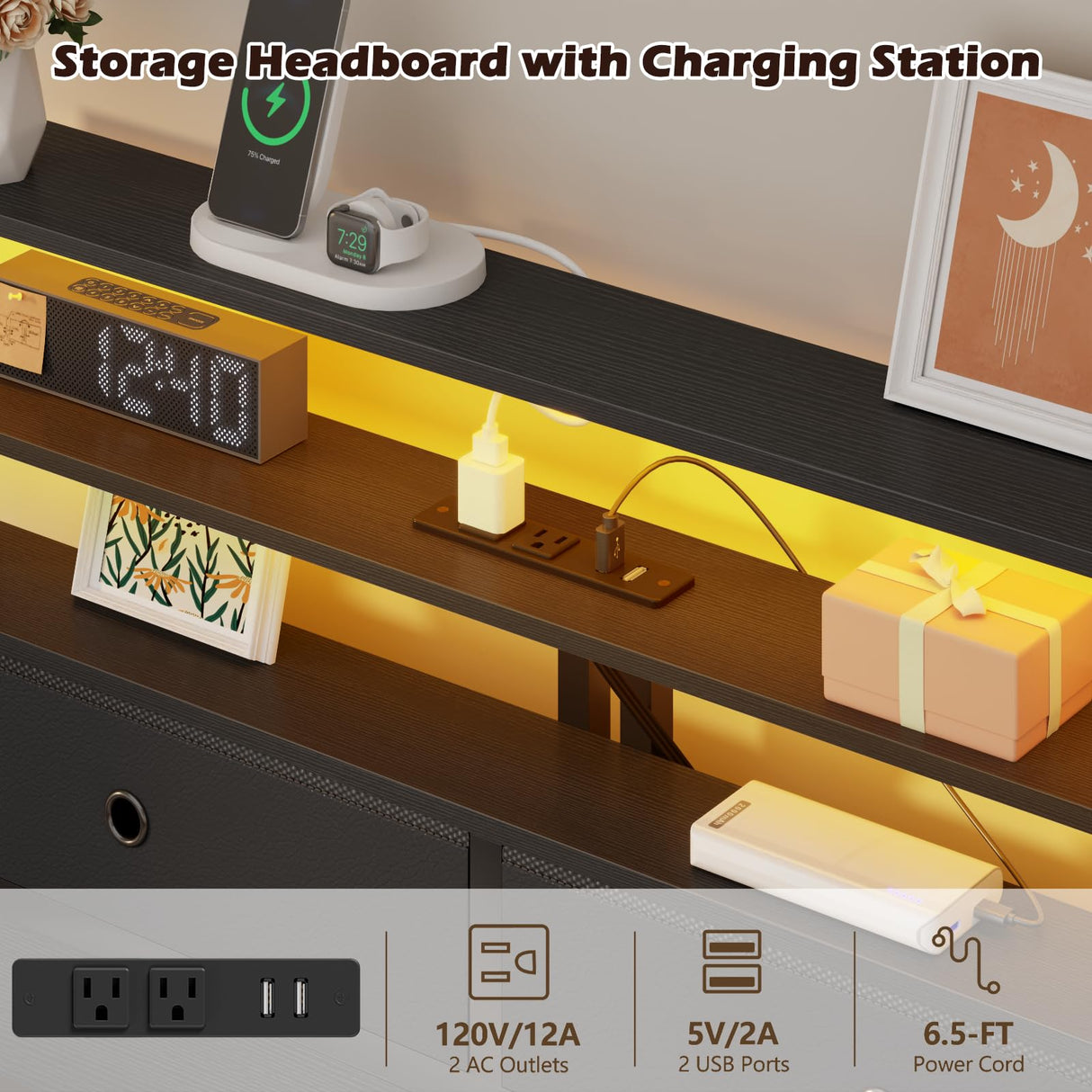 Furnulem Twin Bed Frames with Charging Station and LED Lights, Wood Headboard with 2 Fabric Drawers and Storage Shelves, Twin Size Platform Bed with Metal Slats, No Box Spring Needed, Black Oak Furnulem