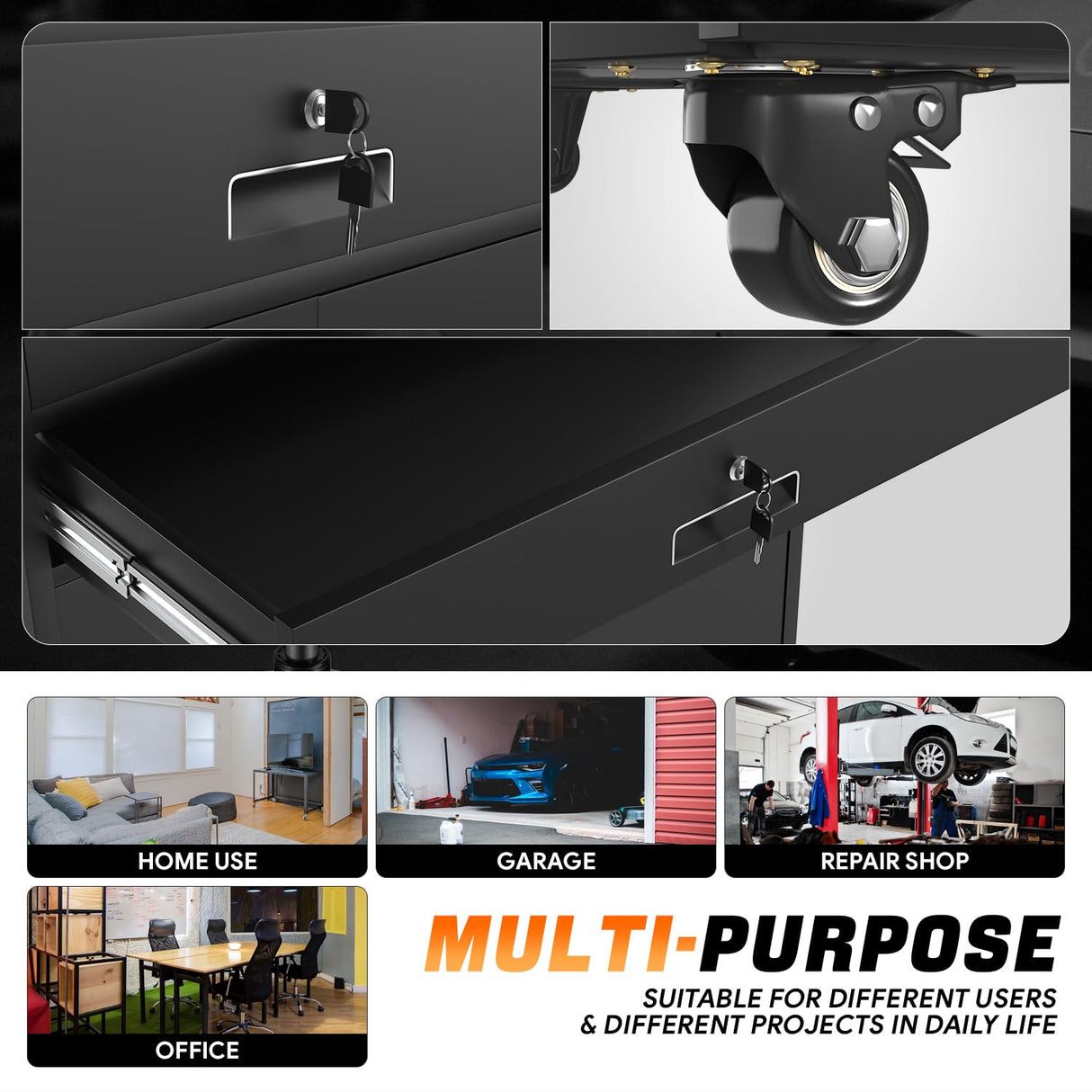 CAAP DRIVEN Rolling Metal Storage Cabinet, 73" Garage Cabinet with One Drawer & Adjustable Shelving, Heavy-Duty, Lockable Cabinet for Garages, Offices, Homes CAAP-TOLS-GSC73-BK CAAP DRIVEN