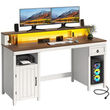 DWVO Farmhouse Office Desk with Drawer & Power Outlets, Wood Computer Desk w/LED Strip & Monitor Stand for Bedchamber Study, Home Office Table with Storage Cabinet for Working Writing Gaming (White) DWVO
