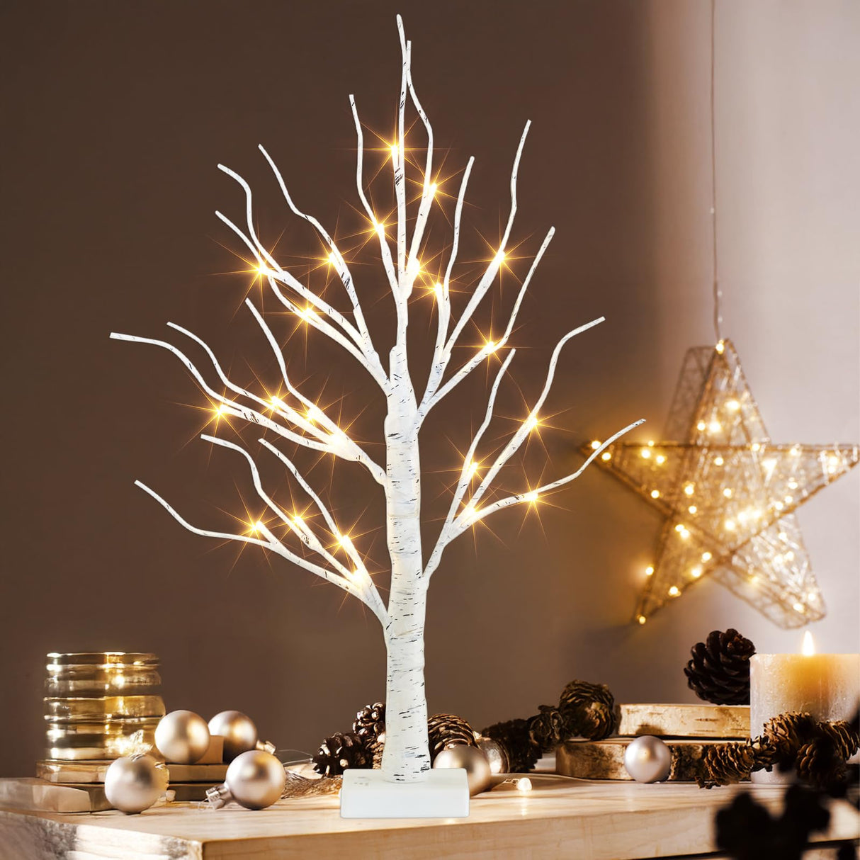 PEIDUO Artificial Tree for Table Decor, 2FT Birch Tree with LED Lights, Warm White Fairy Lights Spirit Tree Lamp for Home Indoor Tabletop Centerpiece, Battery Powered, Timer PEIDUO